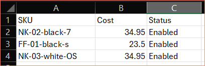 CSV template with SKU, Cost, and Status columns