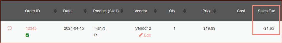 Deduction column on Orders screen