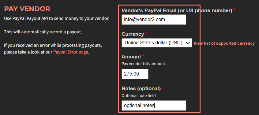 Pay Vendor form