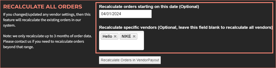 Date and vendor filter options